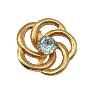 Vintage Gold Tone Spiral Flower with Aqua Blue Zirconia Brooch Pin